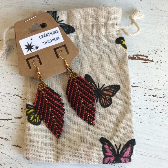 Handmade earrings in red, black and gold - Picture 2 of 5